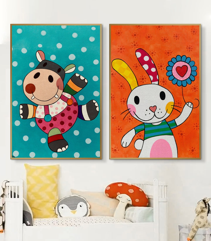 Détail tableau Happy vache dansante — vache multicolore motifs géométriques Massinart