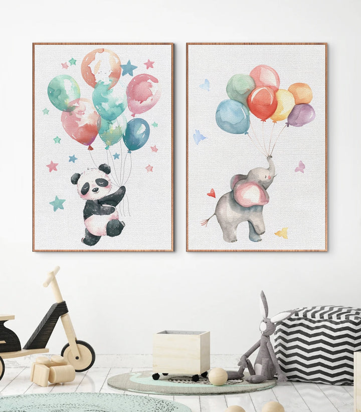 Tableau Éléphant Ballons Aquarelle - Éléphant gris tenant ballons colorés, Massinart