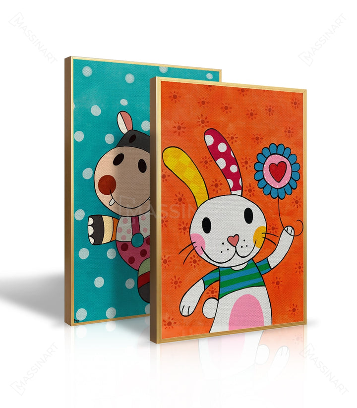 Tableau Happy diptyque couleurs éclatantes — vache et lapin pop-art Massinart