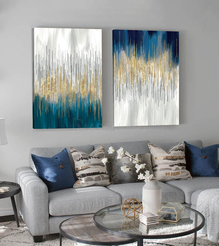 Mise en situation salon moderne — diptyque Noble au-dessus canapé bleu Massinart