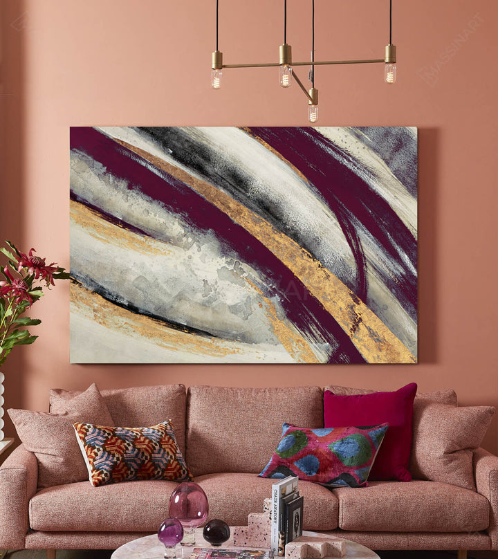 Tableau Gilded en mise en situation salon moderne Massinart avec sofa velours