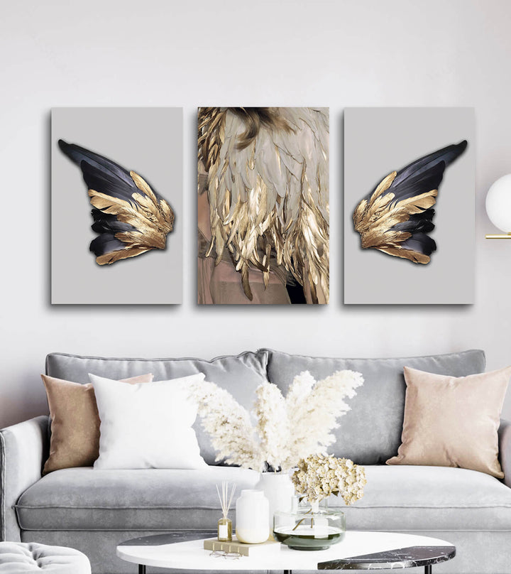 Tableau ailes d'ange or noir Massinart — panneau central triptyque