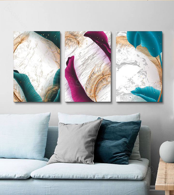 Tableau plumes colorées abstrait — turquoise et doré Massinart