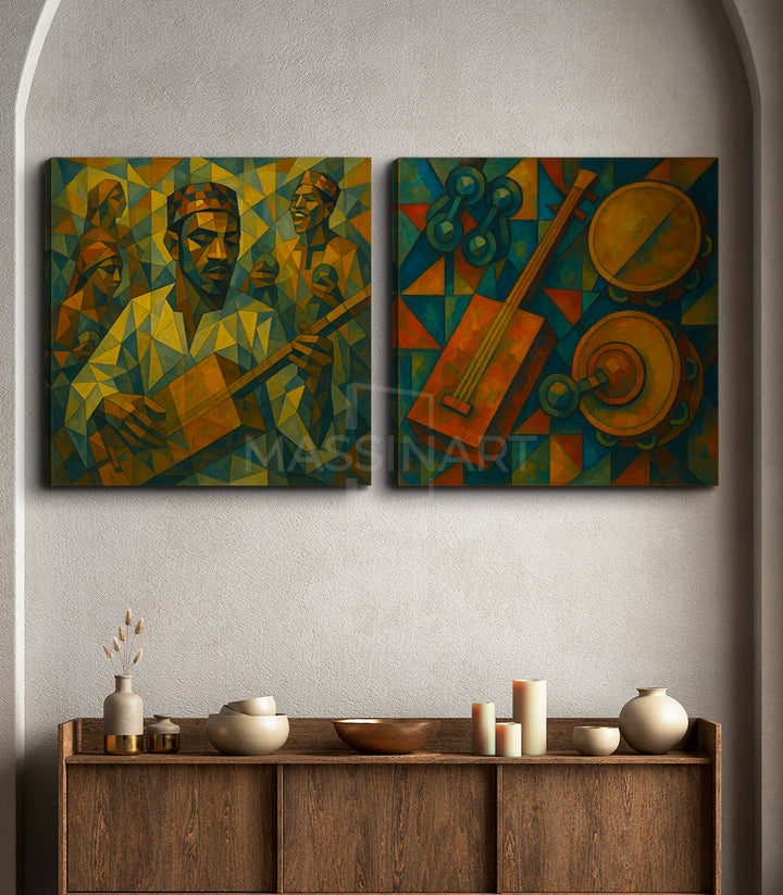 Tableau Gnaoua Echoes diptyque droit — instruments gnaoua cordes dorées Massinart