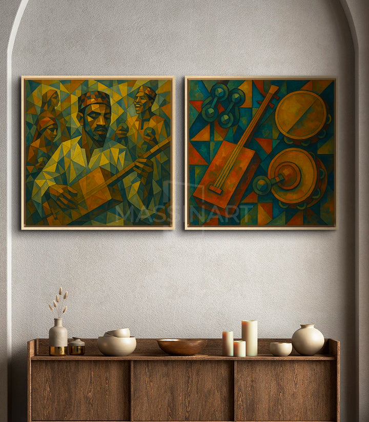 Mise en situation salon moderne — Gnaoua Echoes diptyque décoration murale Massinart