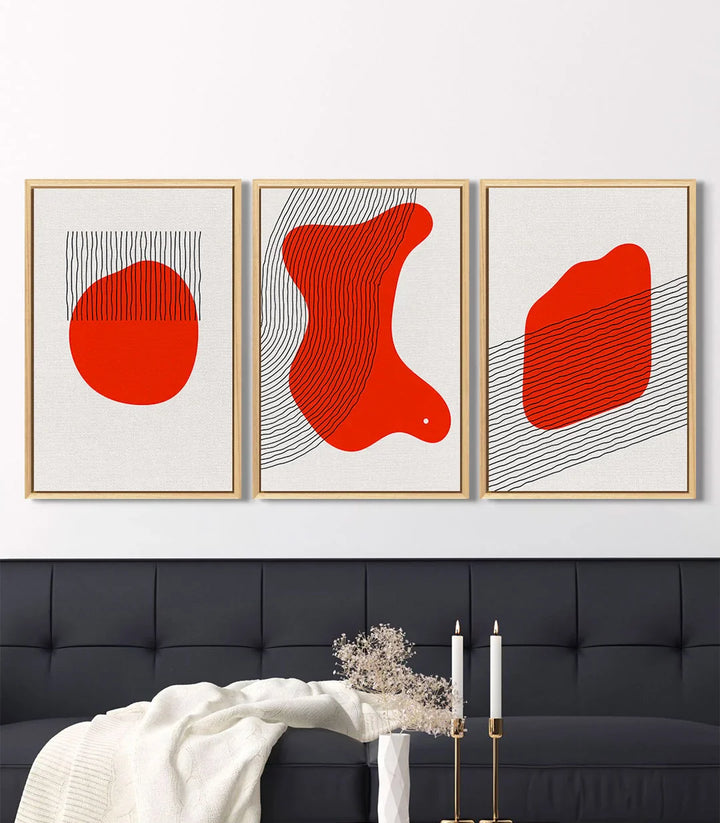 Tableau géométrie rouge et traits fins Massinart — panneau droit triptyque