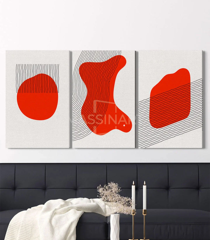 Mise en situation triptyque abstrait rouge salon contemporain noir Massinart