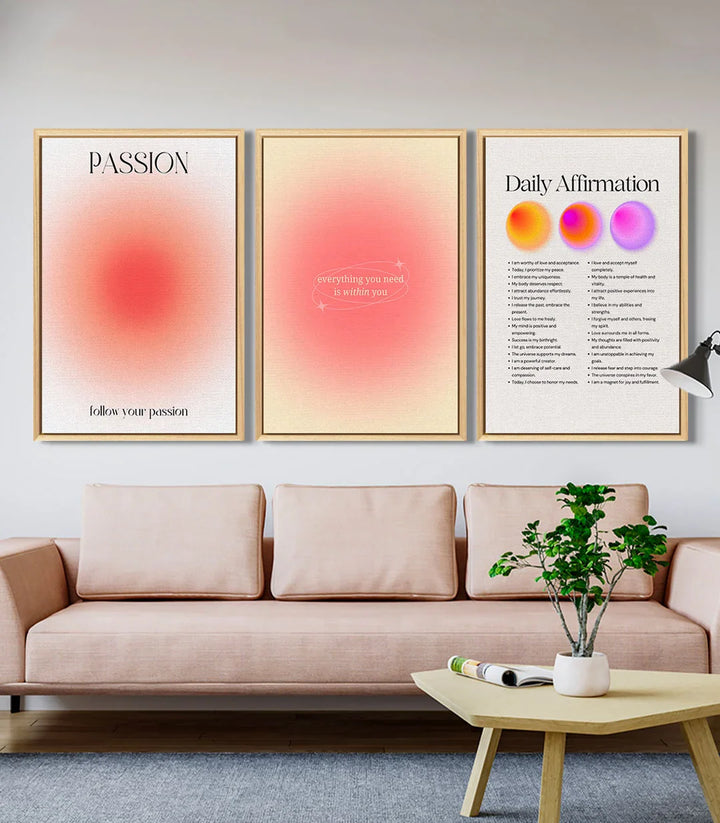 Tableau Daily Affirmation triptyque — cercles colorés rose orange violet Massinart