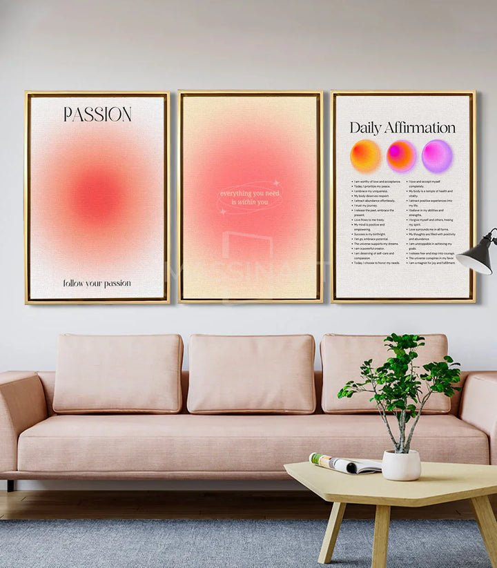 Tableau affirmations positives — mise en situation salon moderne beige Massinart