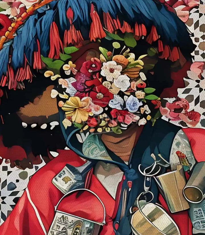Tableau Floral Guerrab Massinart — palette couleurs rose bleu rouge doré