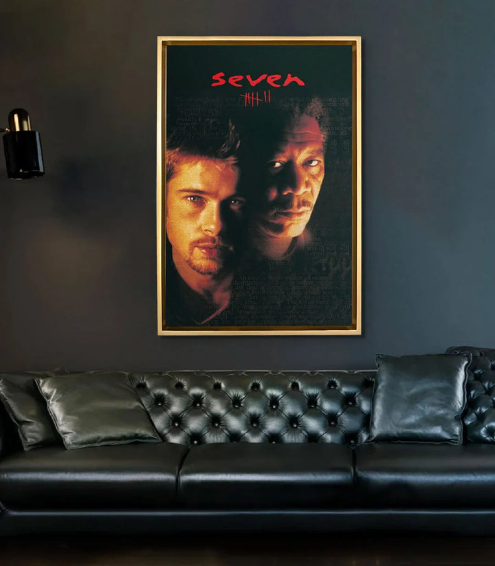 Mise en situation salon moderne — Tableau Seven accroché au mur au-dessus d'un canapé noir