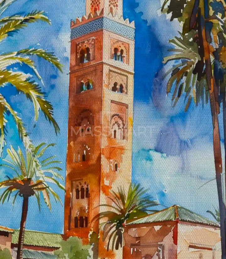 Détail peinture Koutoubia Marrakech nuances bleu terracotta ocre, Massinart