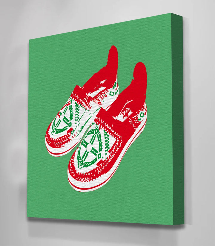 Tableau babouches rouges motifs zellige fond vert Massinart