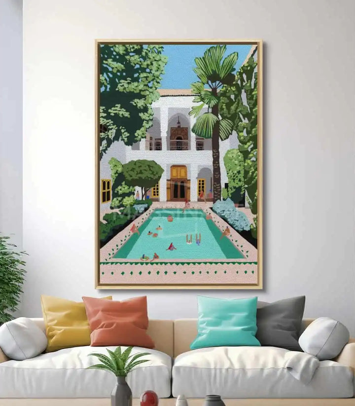 Mise en situation séjour Tableau Serene Retreat Massinart — encadrement noir