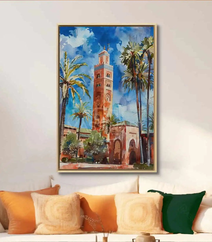 Mise en situation salon marocain tableau Koutoubia architecture orientale, Massinart