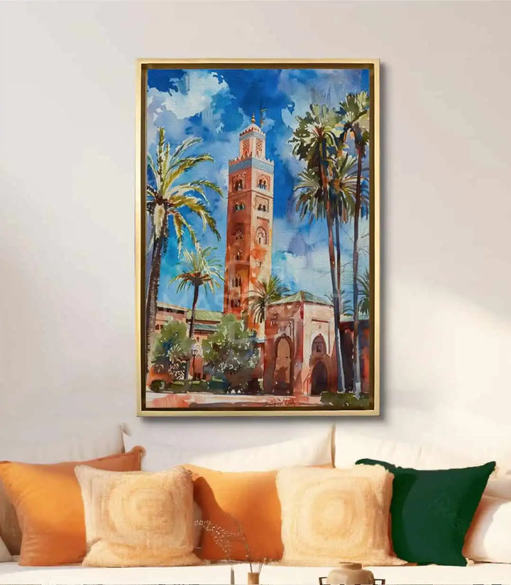 Mise en situation salon moderne avec tableau Koutoubia Marrakech décoration murale, Massinart