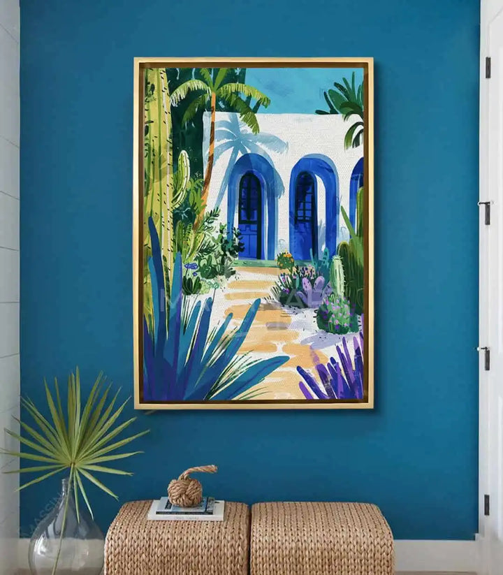Tableau Blue Haven en mise en situation salon moderne bleu turquoise, Massinart