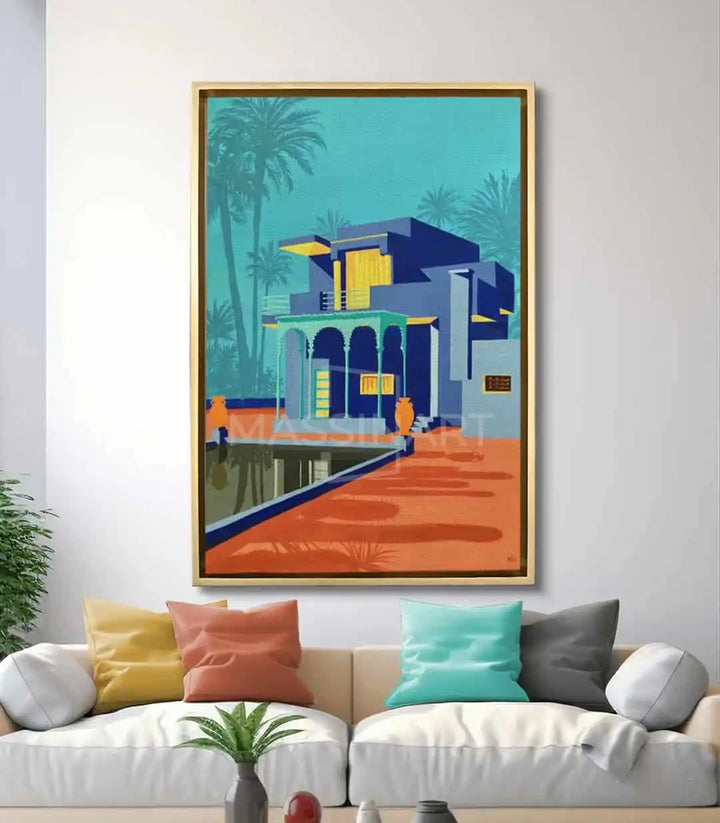 Mise en situation Tableau Villa Majorelle Massinart — décoration salon moderne turquoise