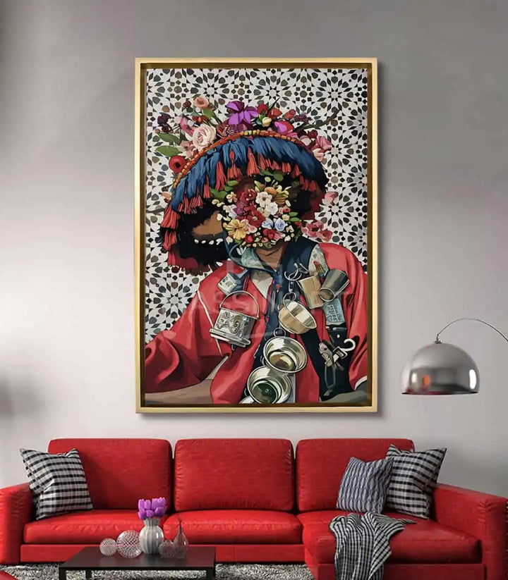 Tableau Floral Guerrab Massinart — mise en situation salon moderne canapé rouge