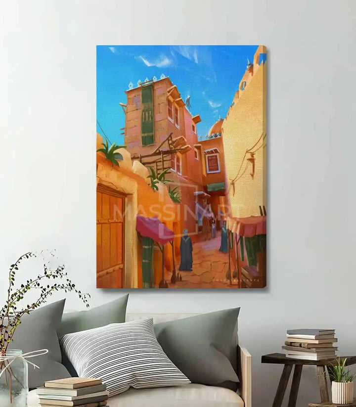 Tableau paysage urbain maroc Golden Alley architecture médina ciel bleu — Massinart