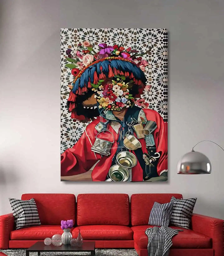 Tableau Floral Guerrab Massinart — détail portrait femme couronne florale zellige