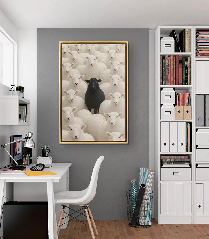 Mise en situation salon moderne gris tableau mouton noir Massinart