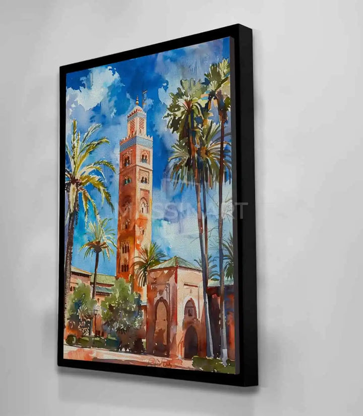 Tableau architecture marocaine Koutoubia minaret palmiers style figuratif, Massinart