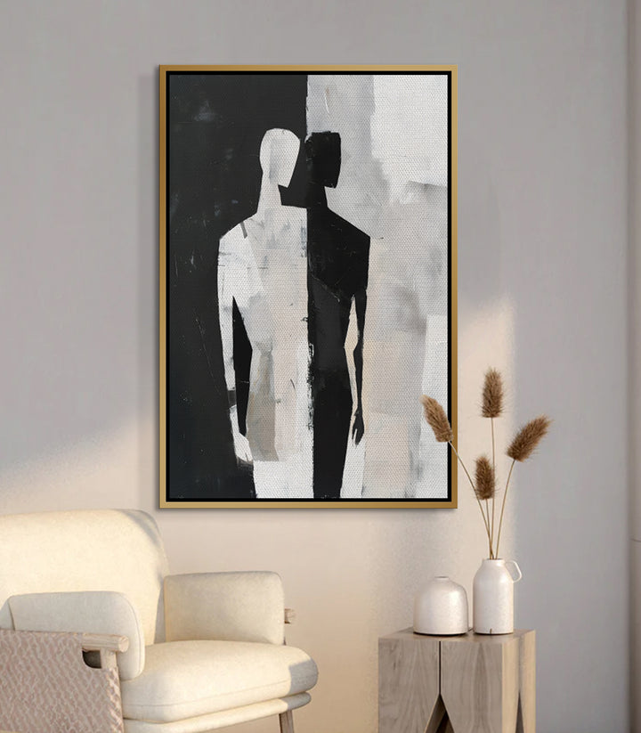Mise en situation salon moderne Massinart — Tableau Opposite forces au-dessus fauteuil blanc