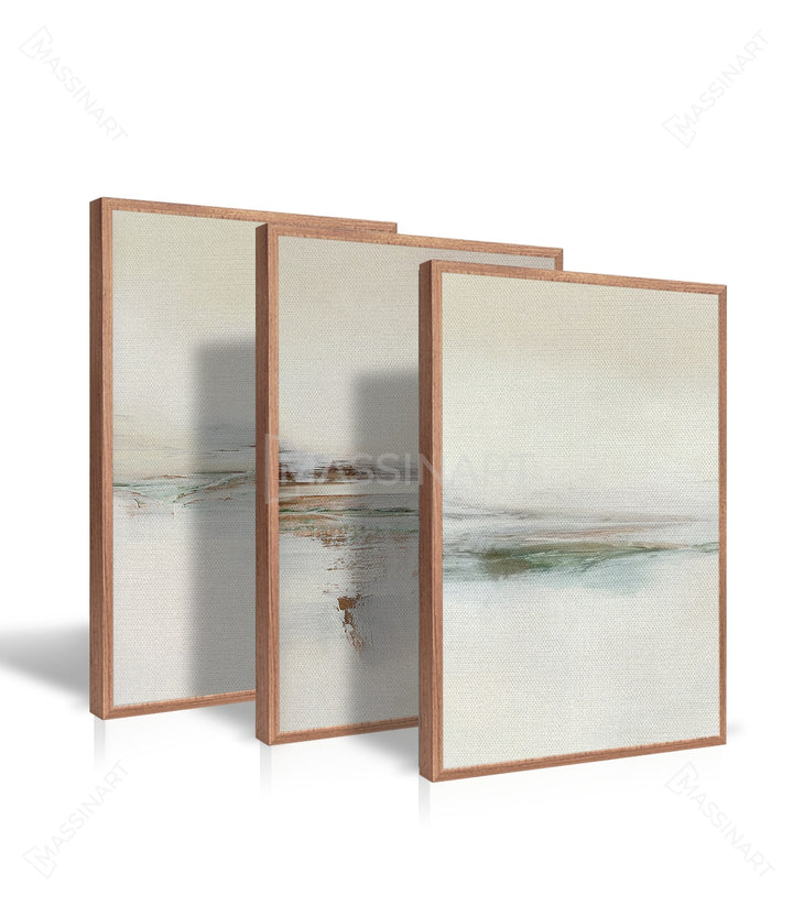 Mise en situation décoration salon — Triptyque paysage abstrait sur mur blanc, style épuré Massinart