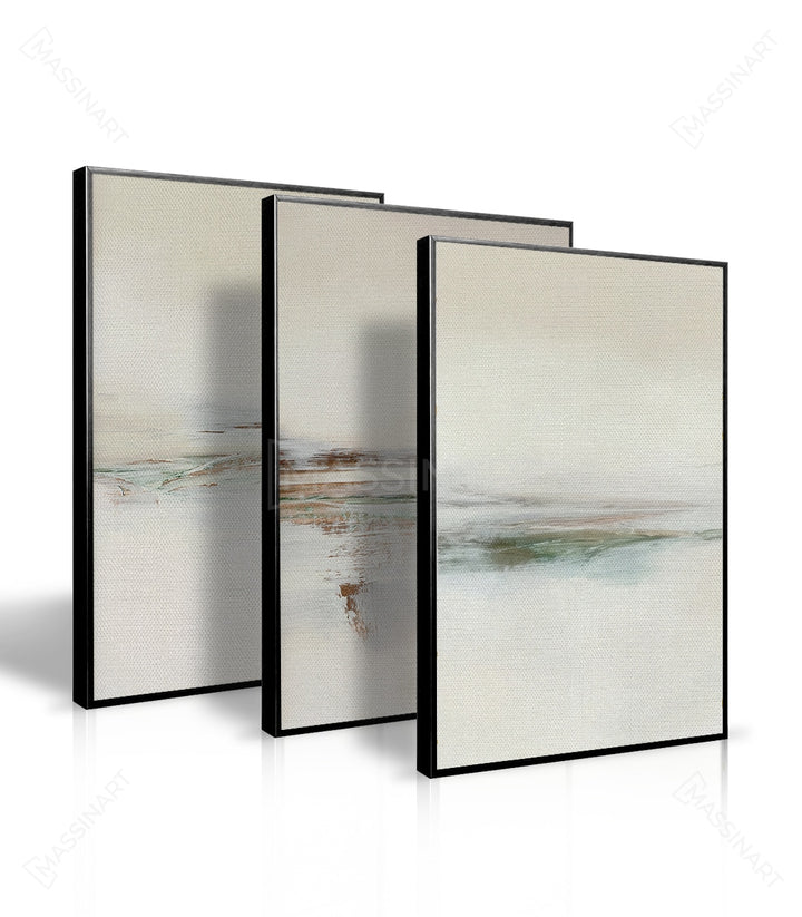 Ambiance décoration moderne — Tableaux minimalistes encadrés bois, harmonie beige et vert Massinart
