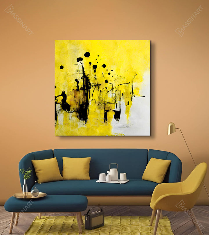Détail composition abstraite formes géométriques noires sur fond jaune — Massinart