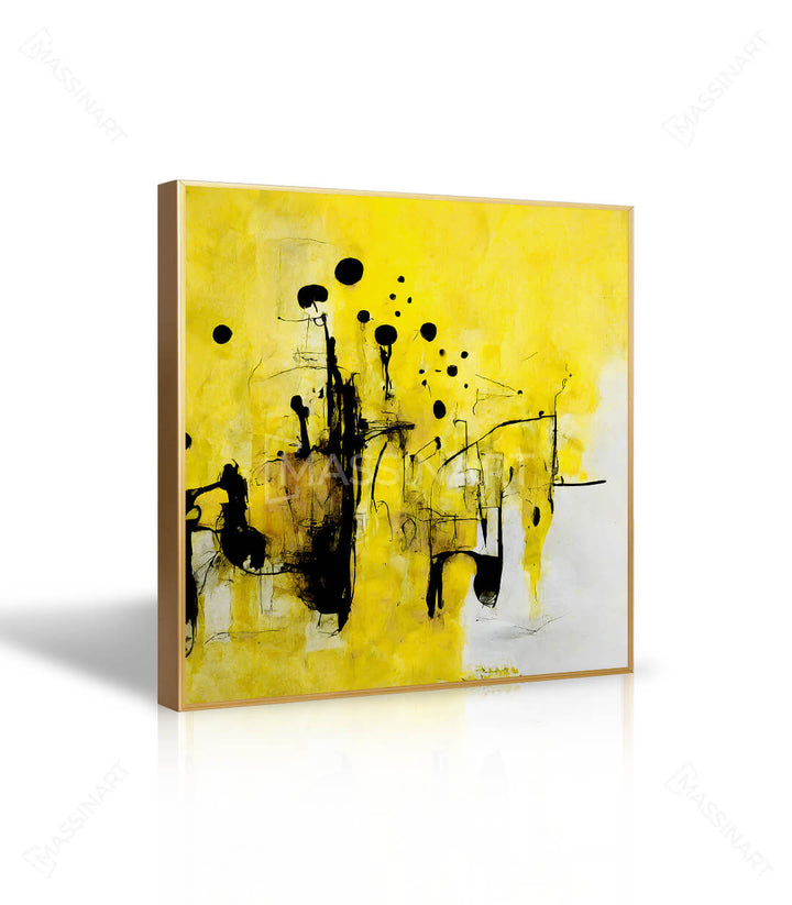 Vue rapprochée traits expressifs et éléments abstraits tableau jaune — Massinart