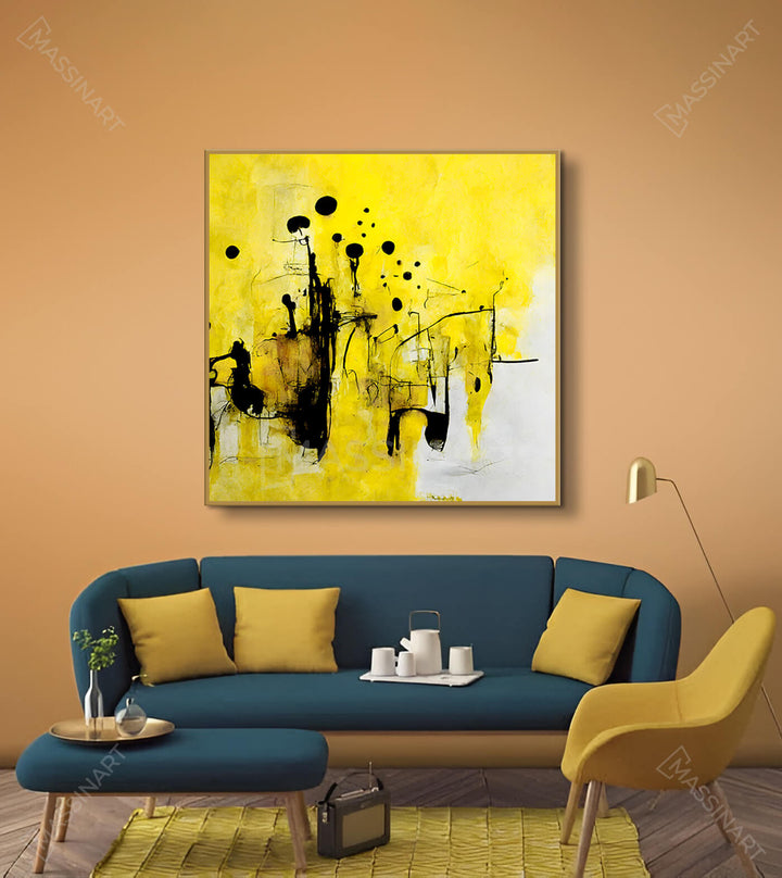 Mise en situation salon moderne, tableau abstrait jaune au-dessus canapé bleu — Massinart