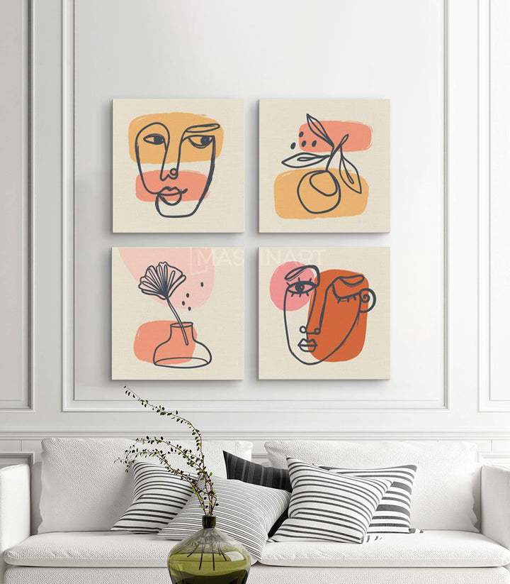 Mise en situation salon moderne quatre tableaux abstraits beige rose Massinart