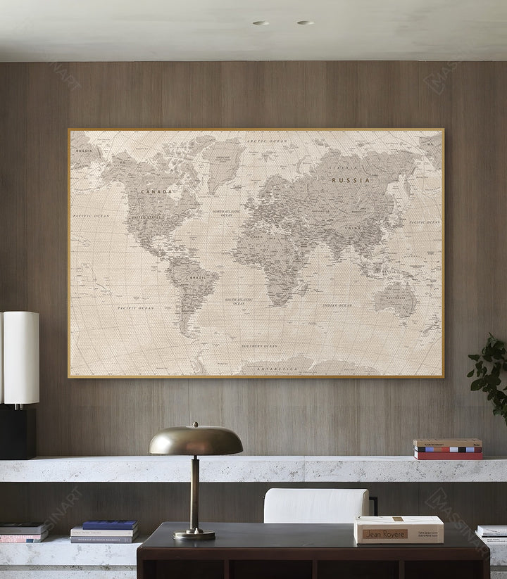 Mise en situation salon moderne carte monde beige Massinart