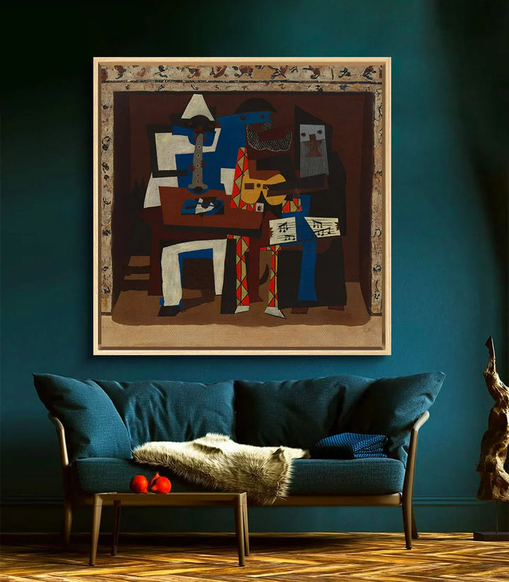Simulation salon contemporain — Tableau Three Musicians géométrique palette marron bleu Massinart