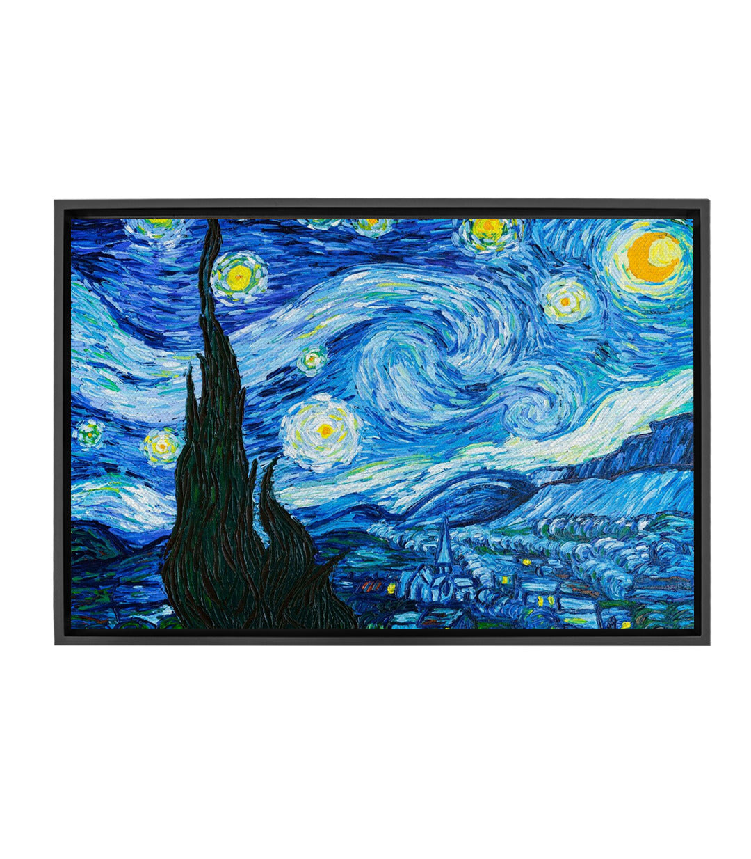 Tableau Nuit étoilée Van Gogh - ciel bleu tourbillonnant, cyprès noir, lune jaune, Massinart