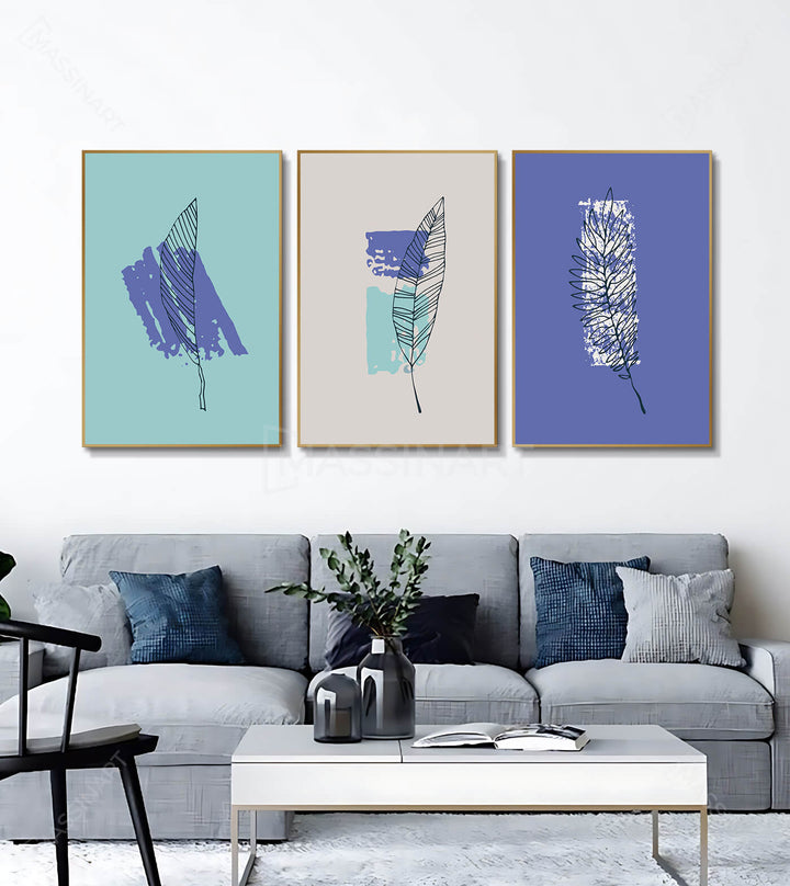 Tableau feuille abstraite fond bleu violet, botanique minimaliste Massinart
