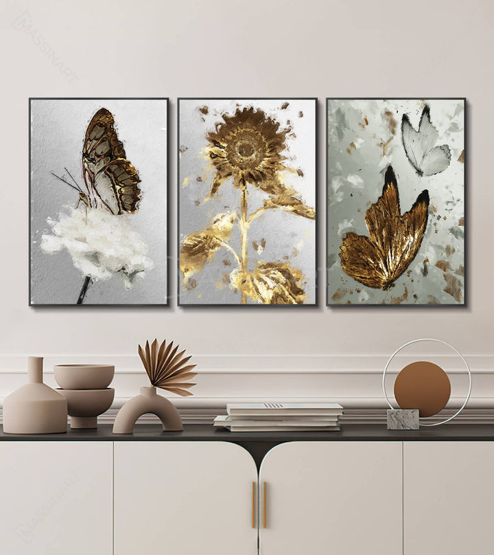 Vue globale triptyque Rebirth trois cadres dorés — Massinart
