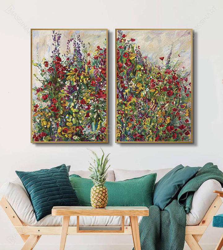 Tableau floral vertical expressionniste — détail des fleurs multicolores et feuillage, Massinart