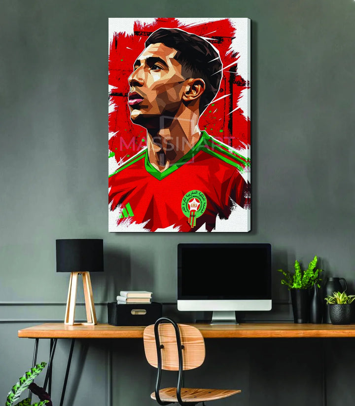 Tableau sportif expressionniste Massinart — portrait joueur rouge et vert géométrique