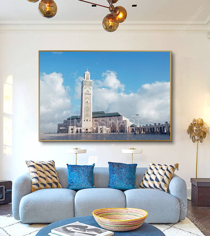 Tableau Mosquée Hassan II Casablanca décoration intérieur blanc bleu Massinart