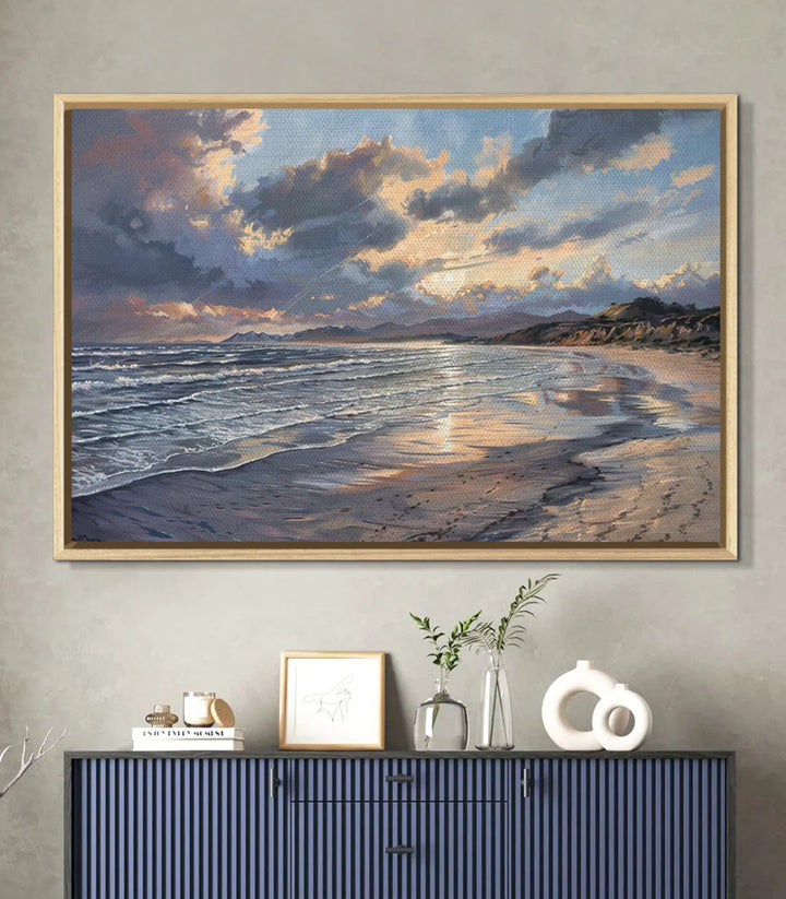 Tableau plage coucher de soleil dans décoration intérieur séjour Massinart