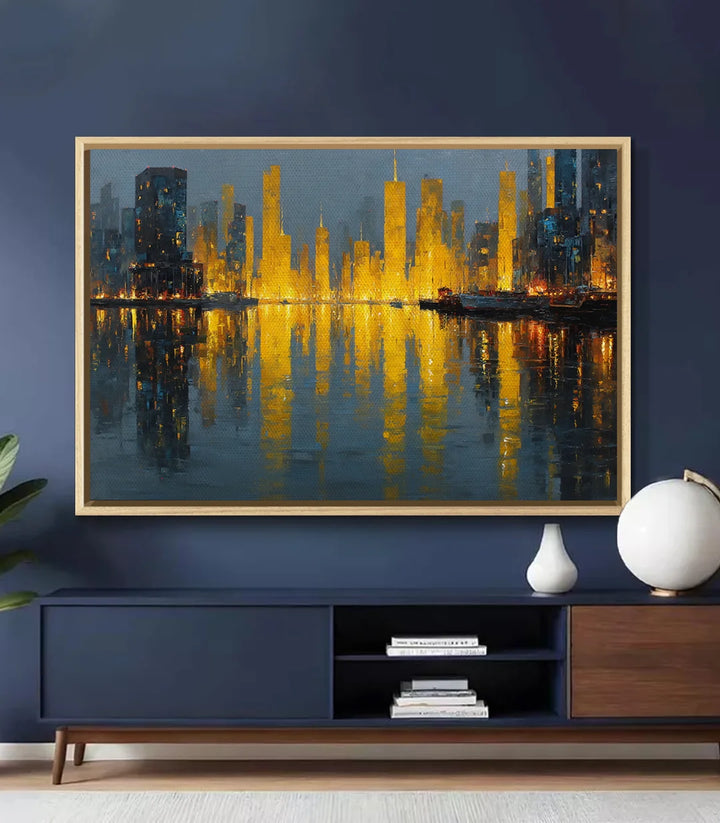 Décoration intérieur avec tableau urbain reflet eau doré Massinart
