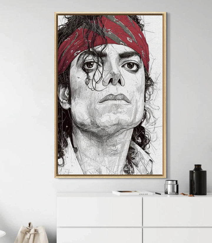 Tableau portrait Michael Jackson vertical affiché au mur sur meuble blanc contemporain — Massinart