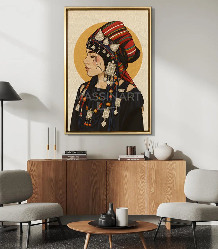 Mise en situation salon moderne Amazigh Pride Massinart — décoration intérieur style ethnique