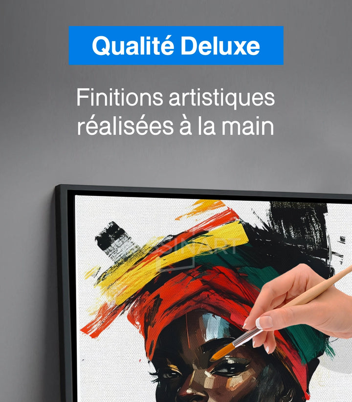 Mise en situation salon moderne tableau Black Royalty Massinart portrait expressionniste