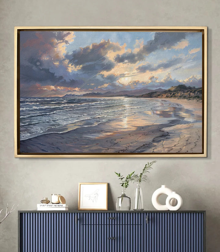 Tableau Ocean Breath en mise en situation salon moderne - décoration murale côtière Massinart