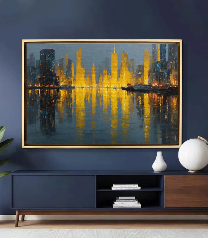 Mise en situation salon moderne bleu avec tableau skyline Golden Skyline Massinart