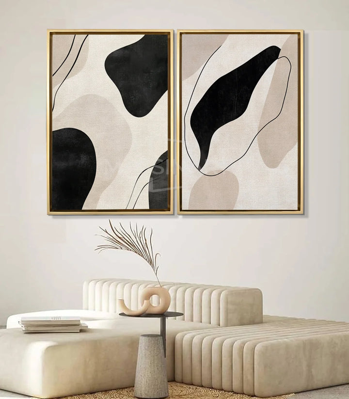 Tableau abstrait minimaliste en mise en situation salon moderne, Massinart